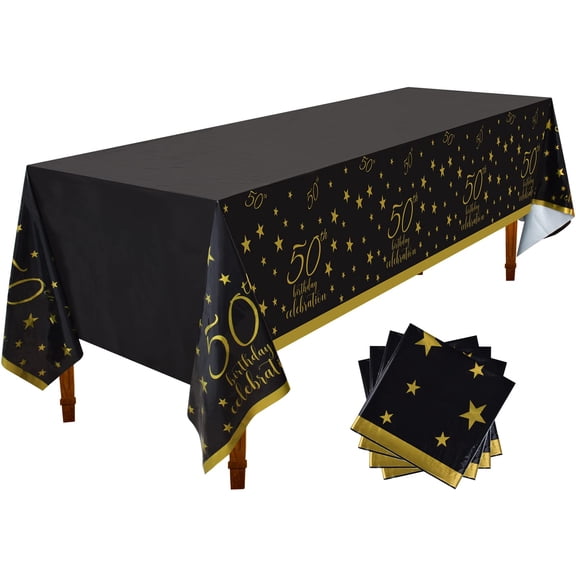 50th Birthday Decorations Tablecloth Set of 4 Gold and Black Plastic Table Covers Waterproof Disposable for Party Supplies,black