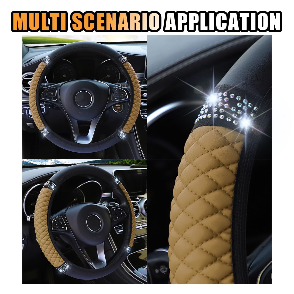 Bling Soft Leather Steering Wheel Cover, 15 Inch Colorful Rhinestones Auto Elastic Protector with Crystal Diamond for Women Girls, Car Accessories for Most Cars, SUVs (Pink)