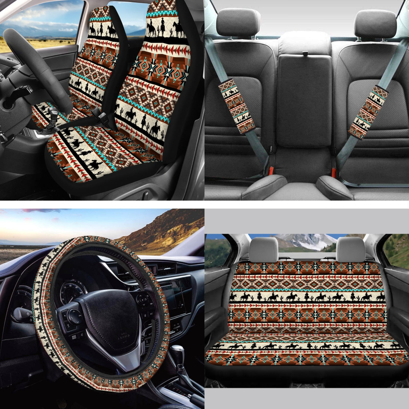 Jeiento Aztec Western Horse Car Seat Covers Set of 13 Car Seat Belt Pad Cover Steering Wheel Cover Car Trash Can Rear View Mirror Cover Car Cup Coasters Keychains Chapstick Holder Universal Fit