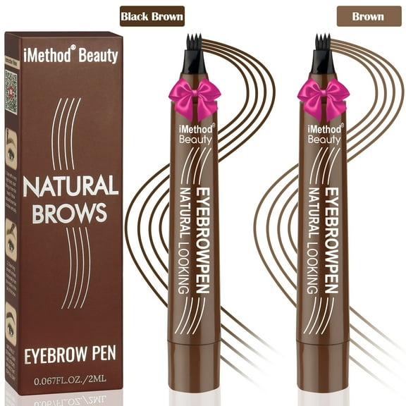 2PCS-iMethod Upgraded Microblading Eyebrow Pen - 4 Fork Tip for Natural Hair-Like Brows | Built-in Spoolie Brush for Precise Styling | Long-Lasting All-Day Hold Eyebrow Pencil for Women, Black Brown