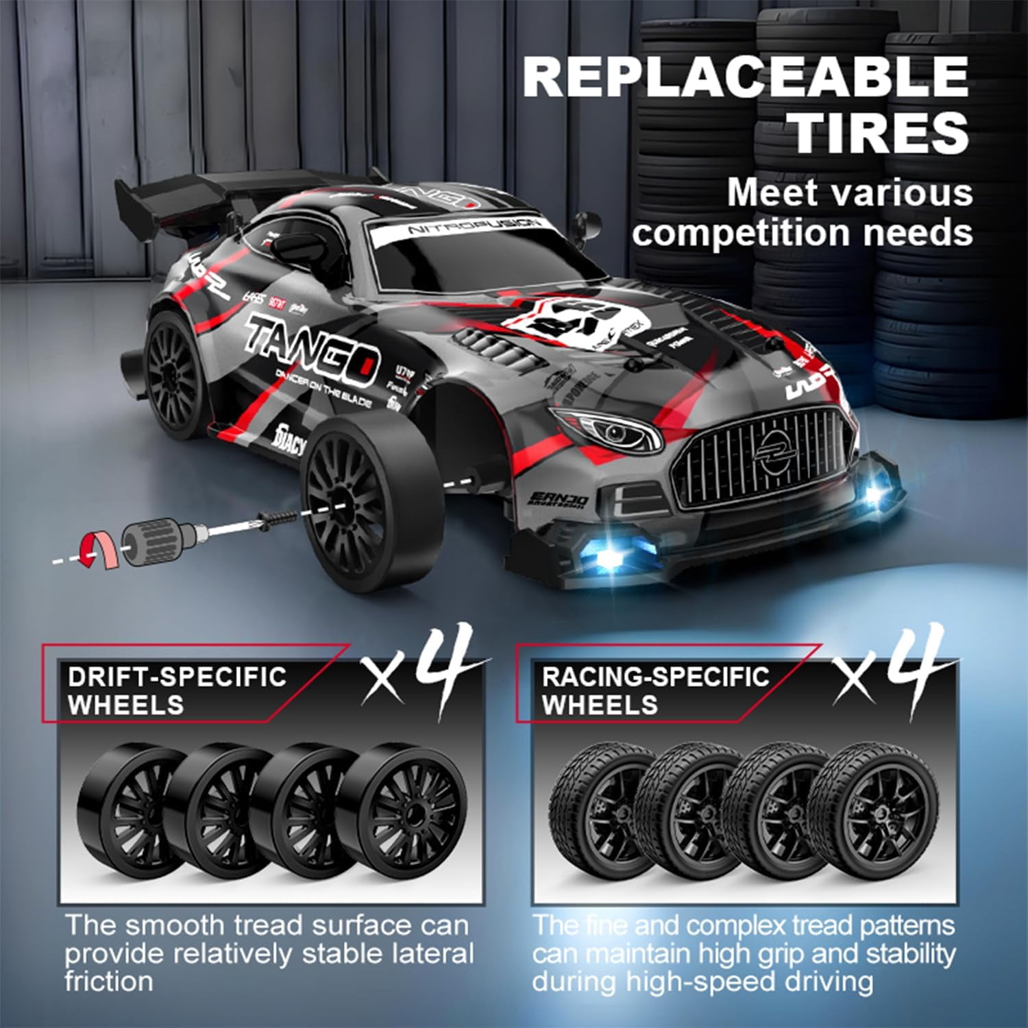 AIGIA RC Drift Car 1:24 Scale 30KM/H High Speed 4WD 2.4GHz Racing Sport Toy Car with LED Lights Racing and Drift Wheels
