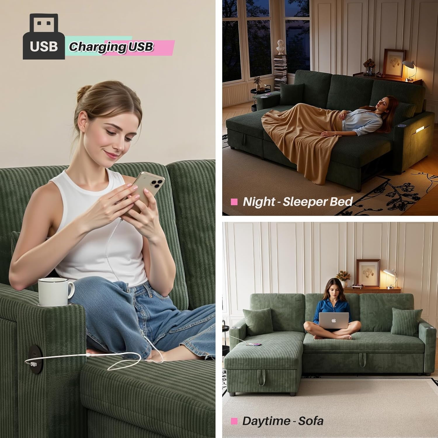 LLappuil Sectional Sofa, 84" Sectional Couch with Storage Chaise, Small Desktop, Cup Holders, Charging Port Convertible Sofa Bed, Corduroy Pull Out Sofa Bed for Living Room Green