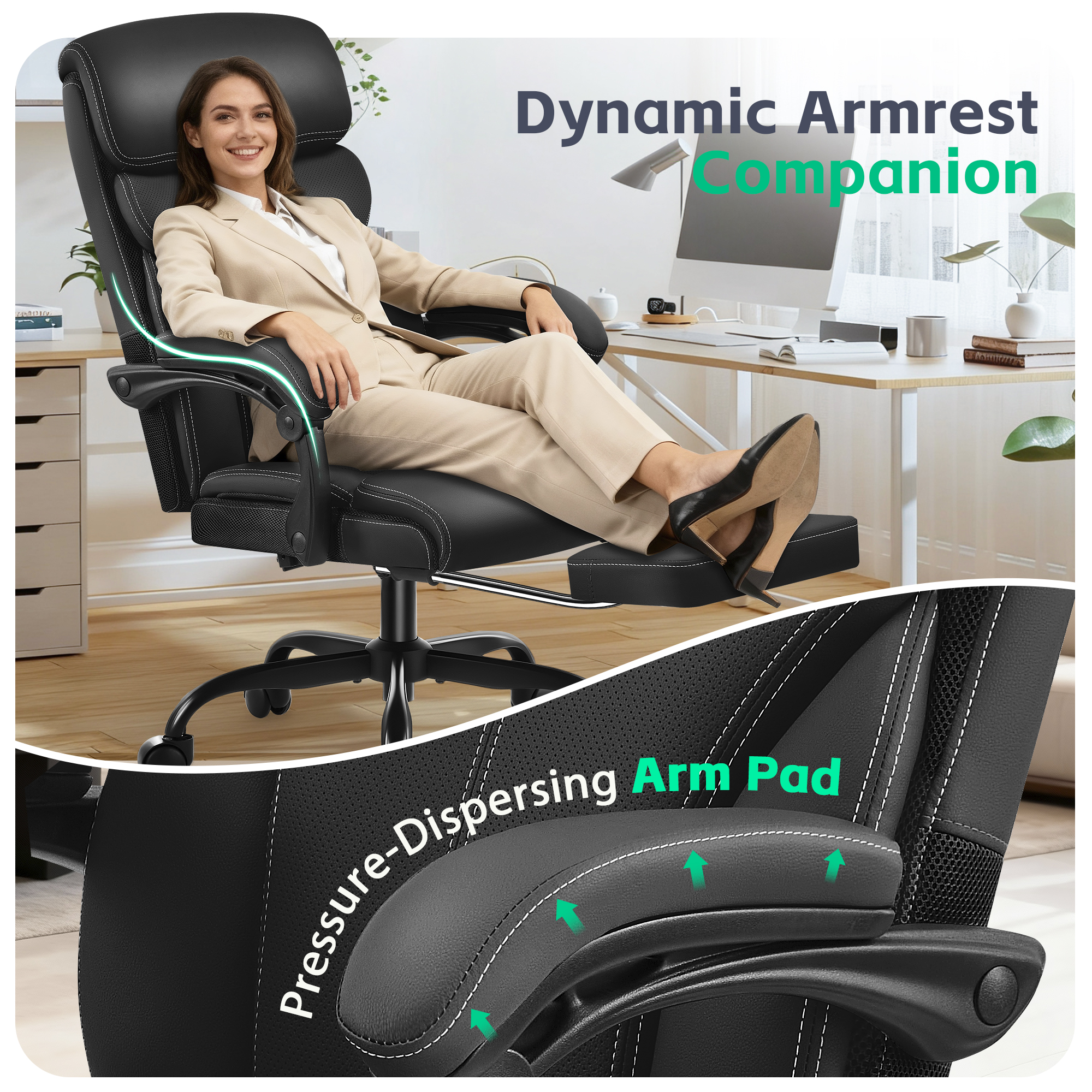 Dhole Ergonomic Office Chair with Footrest, High-Back Desk Chair with Lumbar Support and Flip-Up Arms, PU Leather Swivel Computer Task Chair for Home Office, Adjustable Rolling Chair