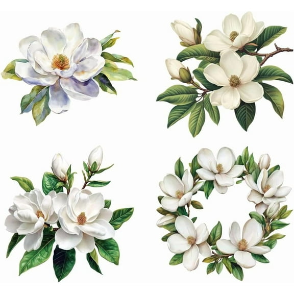 4 Styles Magnolia Flower Iron on Decals Patches Magnolia Branches and Leaves Heat Transfer Stickers PET Washable Patches for DIY Clothes Hat Jeans Jacket Decor 9.05 inch(23cm) Long