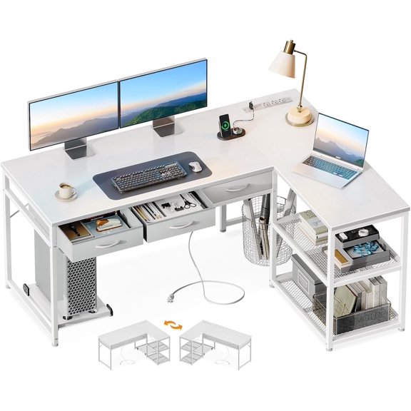 53 Inch L Shaped Computer Desk with Drawers, Power & Reversible Storage Shelves, White