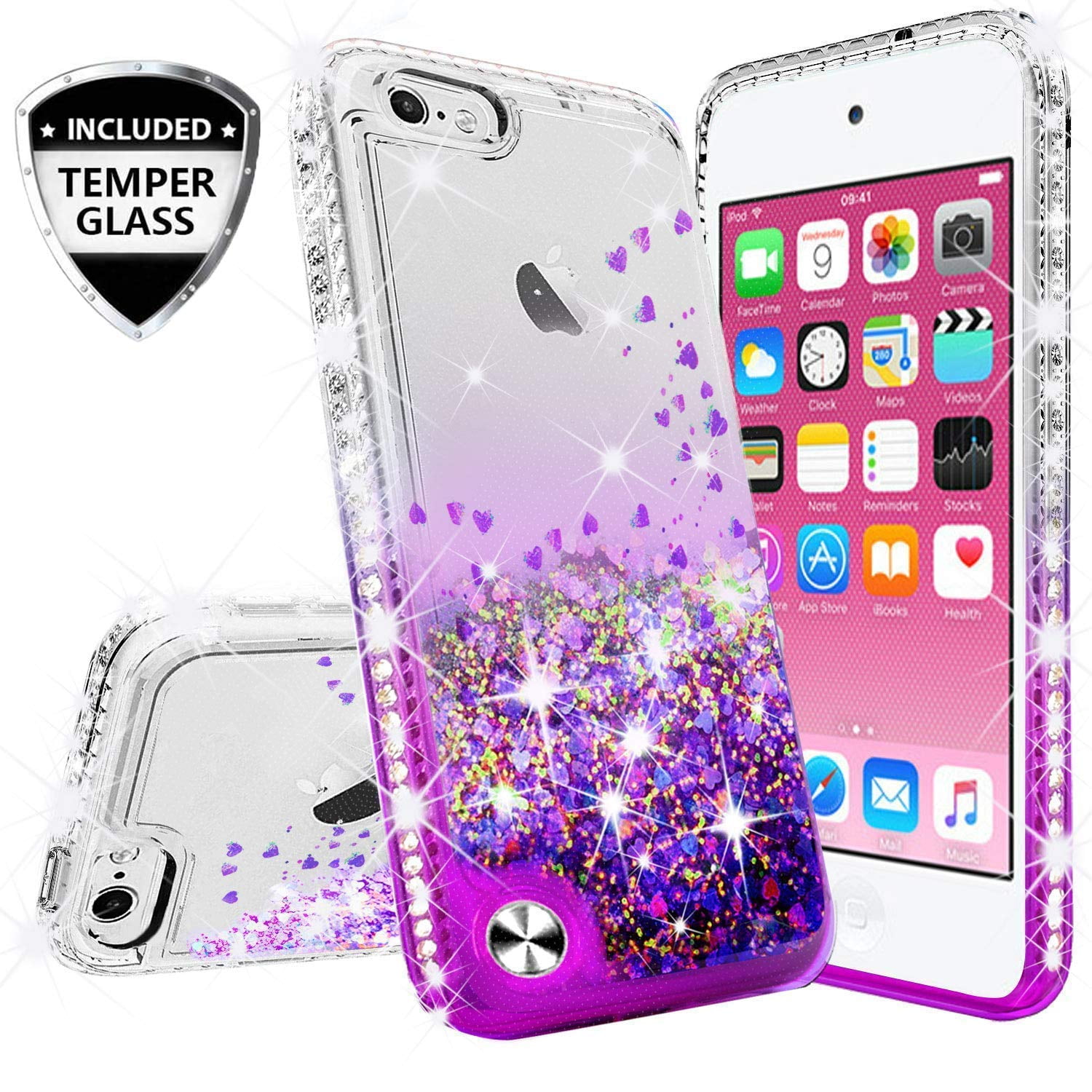 SOGA Rhinestone Liquid Float Quicksand Cover Cute Phone Case Compatible for  Apple iPhone 8 Plus/iPhone 7 Plus Case with Embedded Metal Diamond Ring for  Magnetic Car Mounts and Lanyard - Pink on