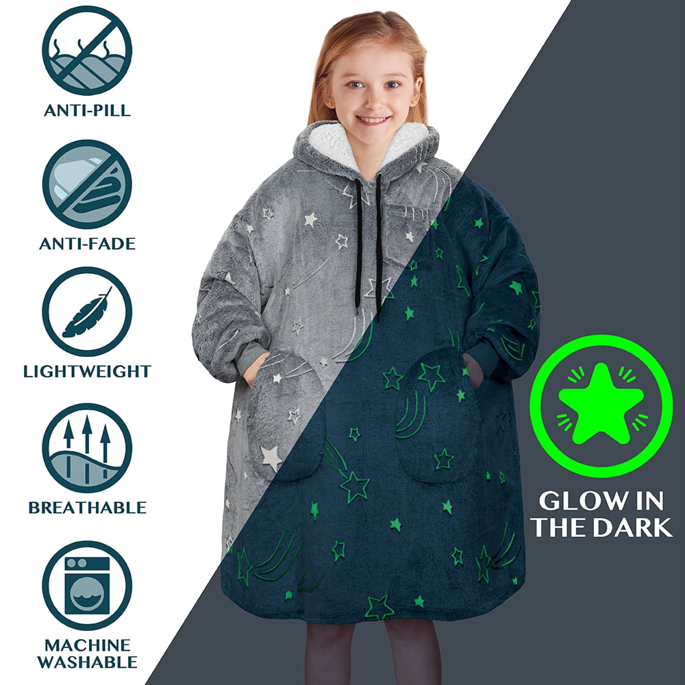 PAVILIA Wearable Blanket Sweatshirt for Kids Boy Girl, Warm Cozy Giant Hoodie with Two Pockets and Long Sleeves, Fleece Sherpa Oversized Hooded Blanket Pullover Gift for Teens Youths, Glow Star Gray