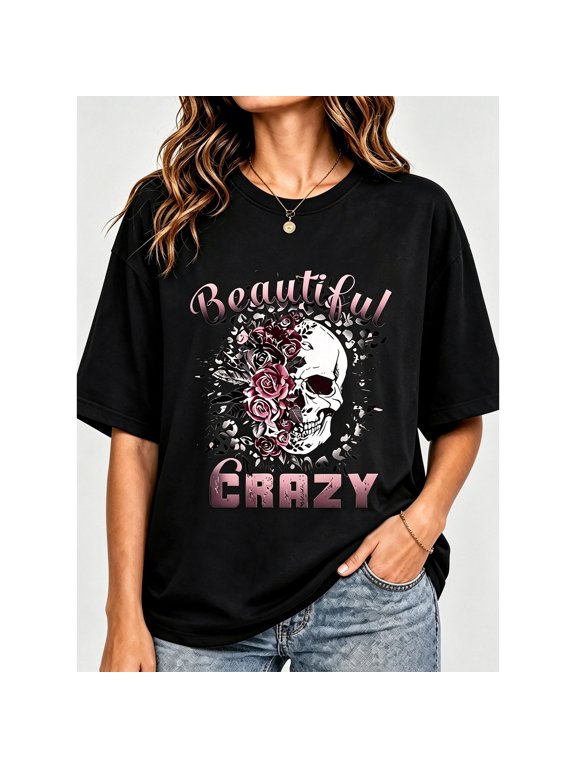 Women's Black Halloween Rose Skull Beautiful Crazy Print Relaxed Fit Crew Neck Short Sleeve T-Shirt