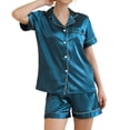 thumbnail image 5 of Women's Short Sleeve Shorts Set 2 Piece Button Up Spring Lightweight Pjs Silk Pajama Set Summer Sleepwear Soft Silky Comfy Peacock Blue 16, 5 of 5