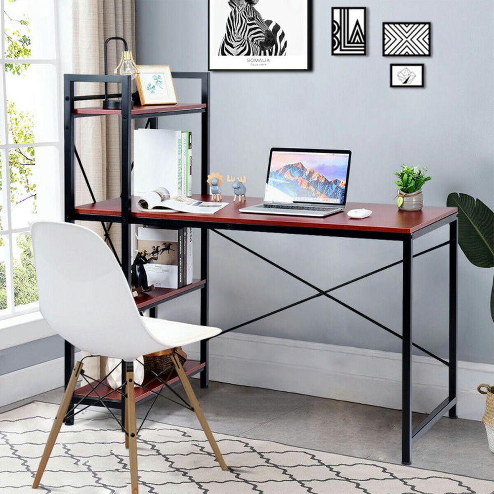 Demi Bonn 47.5" Writing Study Table Computer Desk with 4-Tier Shelves, Small Home Office Desk, Rustic Brown