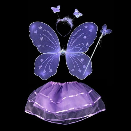 4Pcs Kids girls Fairy Princess Costume Sets colorful stage wear Set with Dress,Butterfly Wings, Wand and Headband Tutu