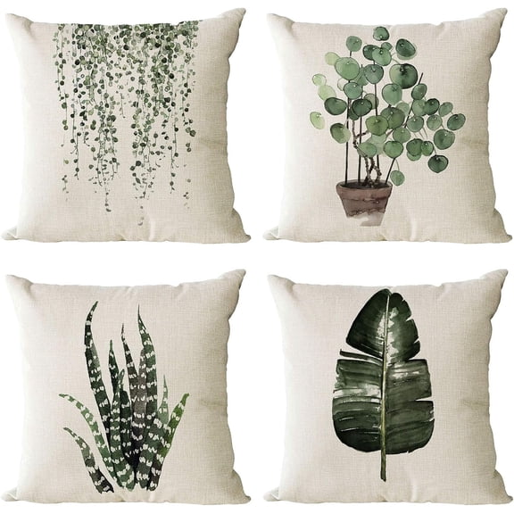Set of 4 Green Plants Decorative Throw Pillow Covers 12x12 Inch Linen Square Pillow Cases Outdoor Sofa Couch Home Bed Decor Cushion Covers (12 by 12)
