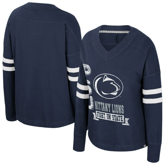 Women's Colosseum Navy Penn State Nittany Lions Oversized Violet Distressed V-Neck Long Sleeve T-Shirt
