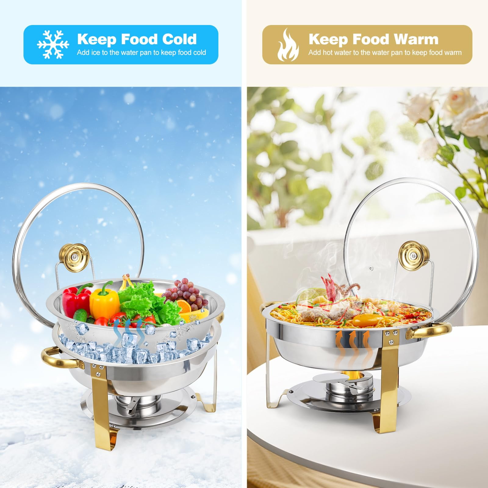 Chauffe-plat Rond 3L En Acier Inoxydable Avec Couvercle En Verre Et Poignée Dorée - Idéal Buffets, Mariages, Camping Et Fêtes