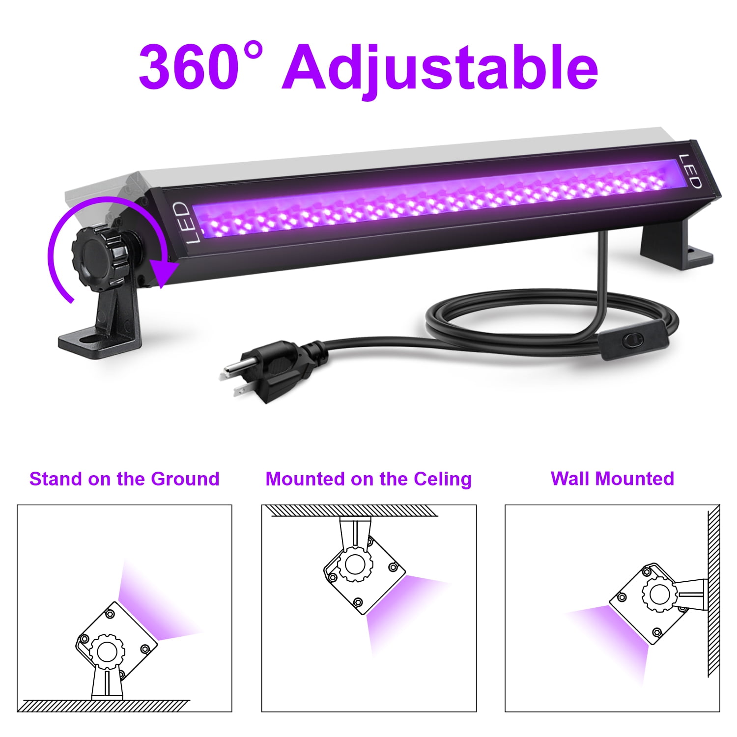 GCGAFUL 4 Pack LED Black Lights, Blacklight Bars with Plug and Switch, Glow in The Dark Party Supplies for Halloween Decorations, Bedroom, Body Paint, Stage Lighting, Poster, Black