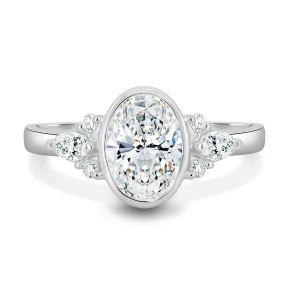 ESTE ORIGIN 2Ct Oval Solitaire Engagement Ring with Side Marquise Stone 14K White Gold Floating Bezel Set Ring for her, available in US 8.5.