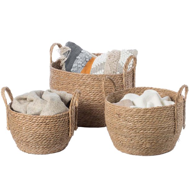 Decorative Round Wicker Woven Rope Storage Blanket Basket with Braided