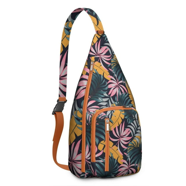 Jungle Floral Sling Backpack - Exotic Monstera & Flowers Design Crossbody Bag, Fashionable Pack