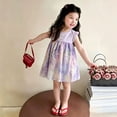 thumbnail image 2 of mgoYE Girls Summer Dress 5-6 Years Kids Girls Dresses, Round Neck Short Sleeve Fashion Floral Print Princess Dress for Child Girls Purple, 2 of 5
