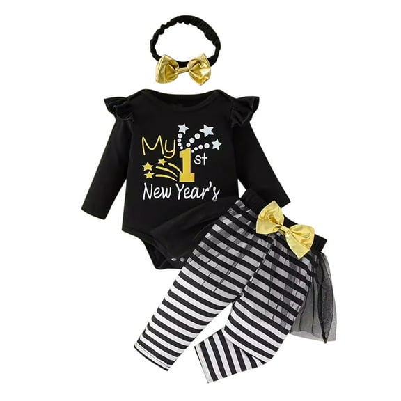 SUXIAN Christmas My First Years Baby Girl Outfit Set Baby Years Outfit Long Sleeve Romper Pants Set with Bow Headband Clothing Set Black 18M
