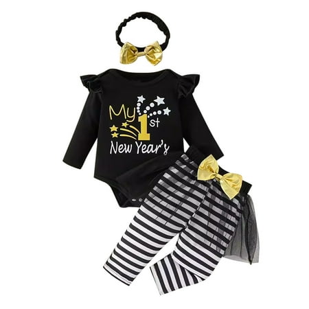 

WOYY Infant Girl s First New Year Outfits Letter Print Romper Pants With Headband Suit
