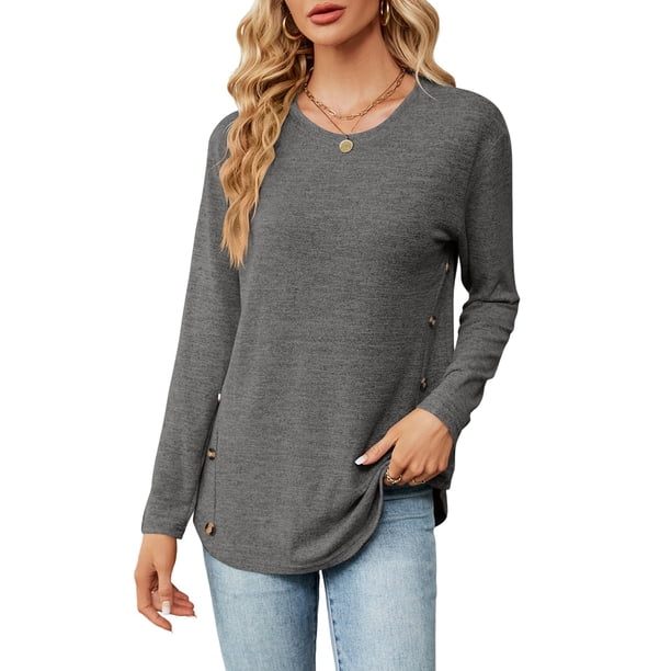 Blusas de Larga con Cuello Redondo para Mujer, Blusas Holgadas con Botones para Otoño e Invierno 2025. Gris Oscuro S