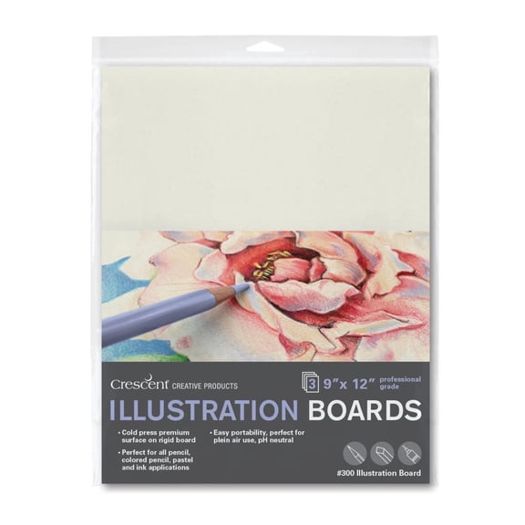 Crescent Cold-Press Illustration Board, 300 Series, 9" x 12", Acid Free, Rigid, Portable, Great for Plein Air, Multi-mediaMulti media, 3 Sheets