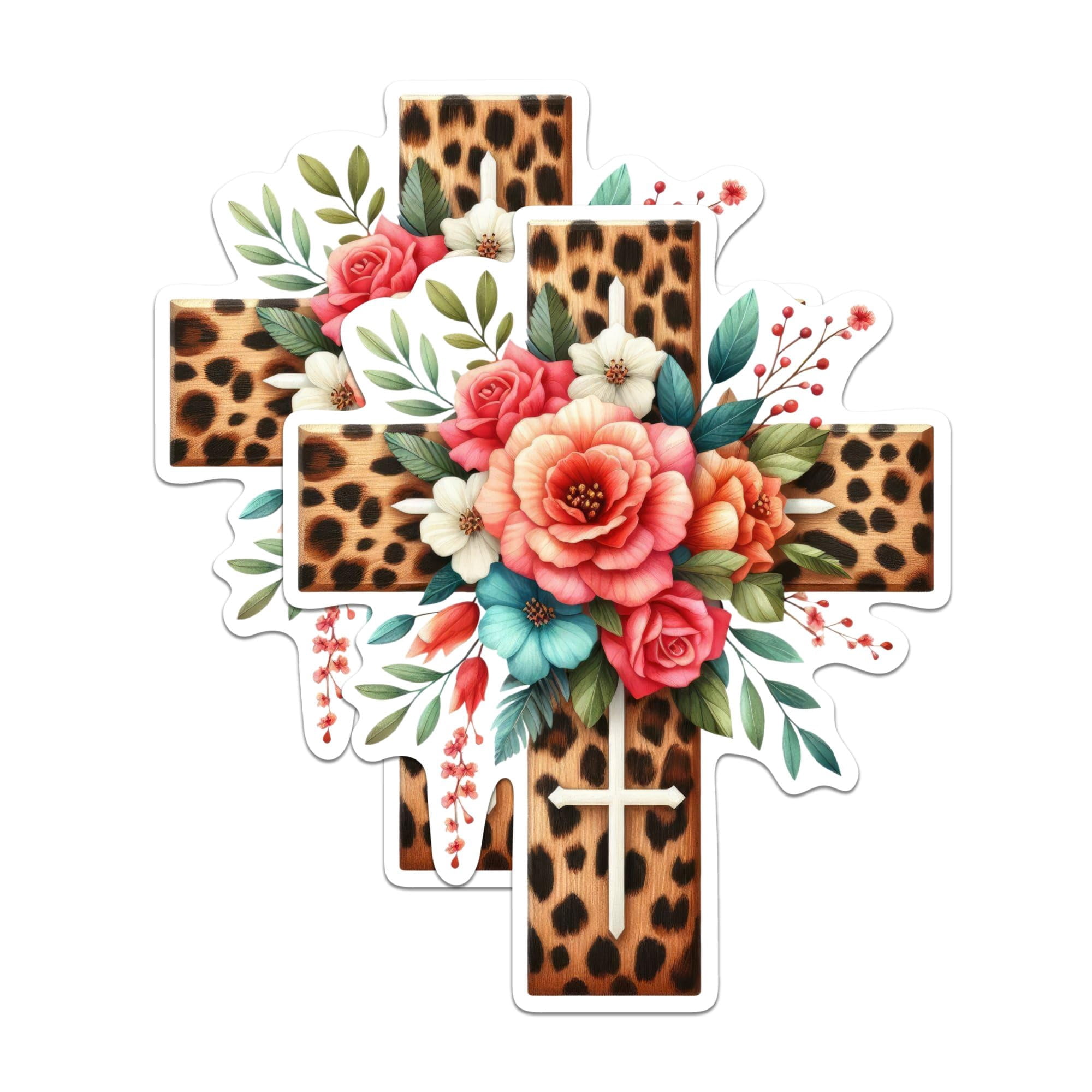 (2 Pack) Leopard Cross Print with Flowers - Christian Faith Stickers - Jesus Christ Sticker - 5 Inches On Longest Side - Premium Vinyl - For Cars, Trucks, Skateboards, Laptops - Made In USA - BMCS0435