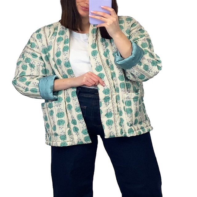 Women Quilted Jacket Casual Print Open Front Cardigan with Pockets