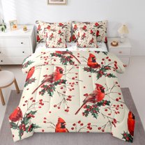 Manfei Kawaii Red Robin Twin Bedding Sets 7-Piece for Kid, Christmas Animal Birds Bedding Comforter Set, Happy New Year Reversible Sheet Sets, Ultra Soft Home Decor