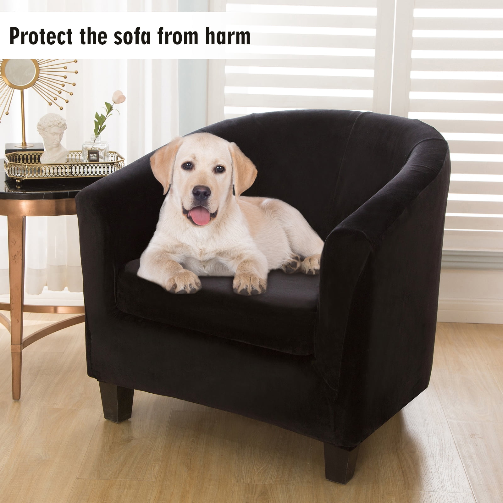 SHANNA Velvet Tub Chair Covers, 2 Pieces Stretch Modern Armchair Slipcovers Non Slip Sofa Couch Slipcover for Club Bar Counter Living Room Reception,With Separate Cushion Cover, Black, 2 Pack