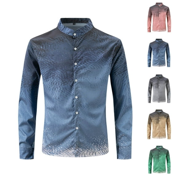 Afuyipoi Men Workwear Button-Up Shirts,Color Block Long Sleeve Casual Stand-up Collar Shirts Navy L