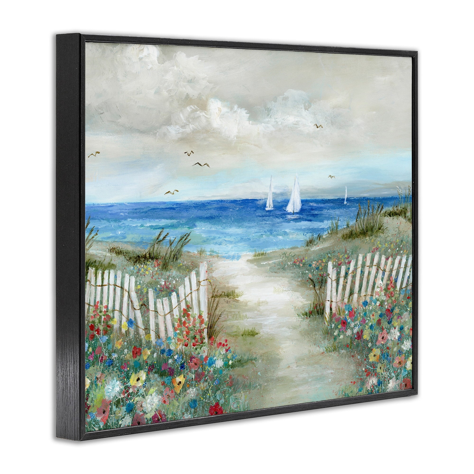 Stupell Industries Gorgeous Beach Scene Poppies Blooming White Fence Ocean Paintings Black Framed Art Print Wall Art, 20x16, by Nan