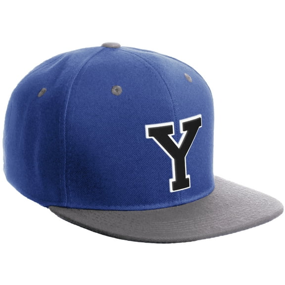 Daxton Classic Snapback Hat Custom A to Z Initial Varsity Letters, Royal Light Grey Hat White Black Letter Y