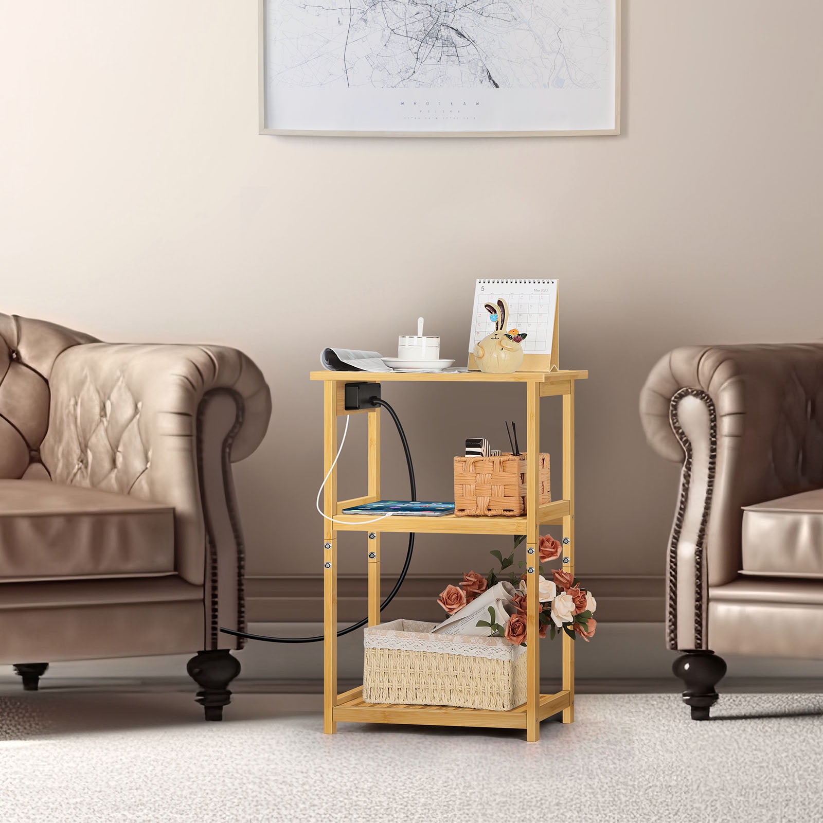 2 pack End Table with Charging Station and USB Ports 3-Tier Side Table black