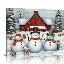 JEUXUS Snowman Christmas Canvas Wall Art: Farmhouse Christmas Decor Snowman Family Barn Picture Winter Holiday Farm Scene Poster Framed Home Decoration 20x16in