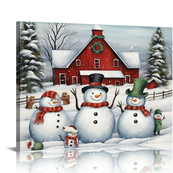 JEUXUS Snowman Christmas Canvas Wall Art: Farmhouse Christmas Decor Snowman Family Barn Picture Winter Holiday Farm Scene Poster Framed Home Decoration 20x16in