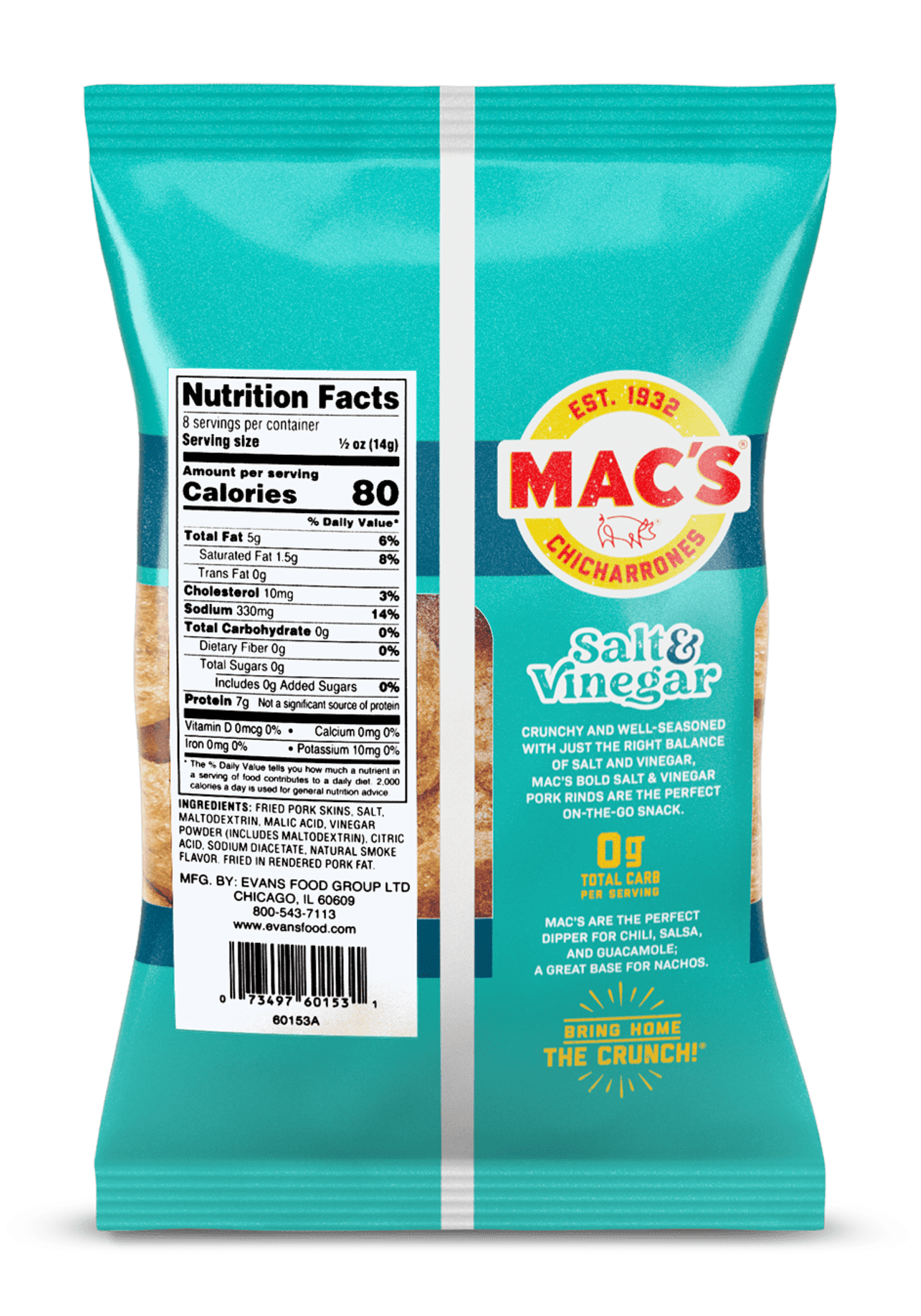 (5 pack) Mac's Salt and Vinegar Chicharrones Pork Rinds, Pork Skins, 4 oz Bag