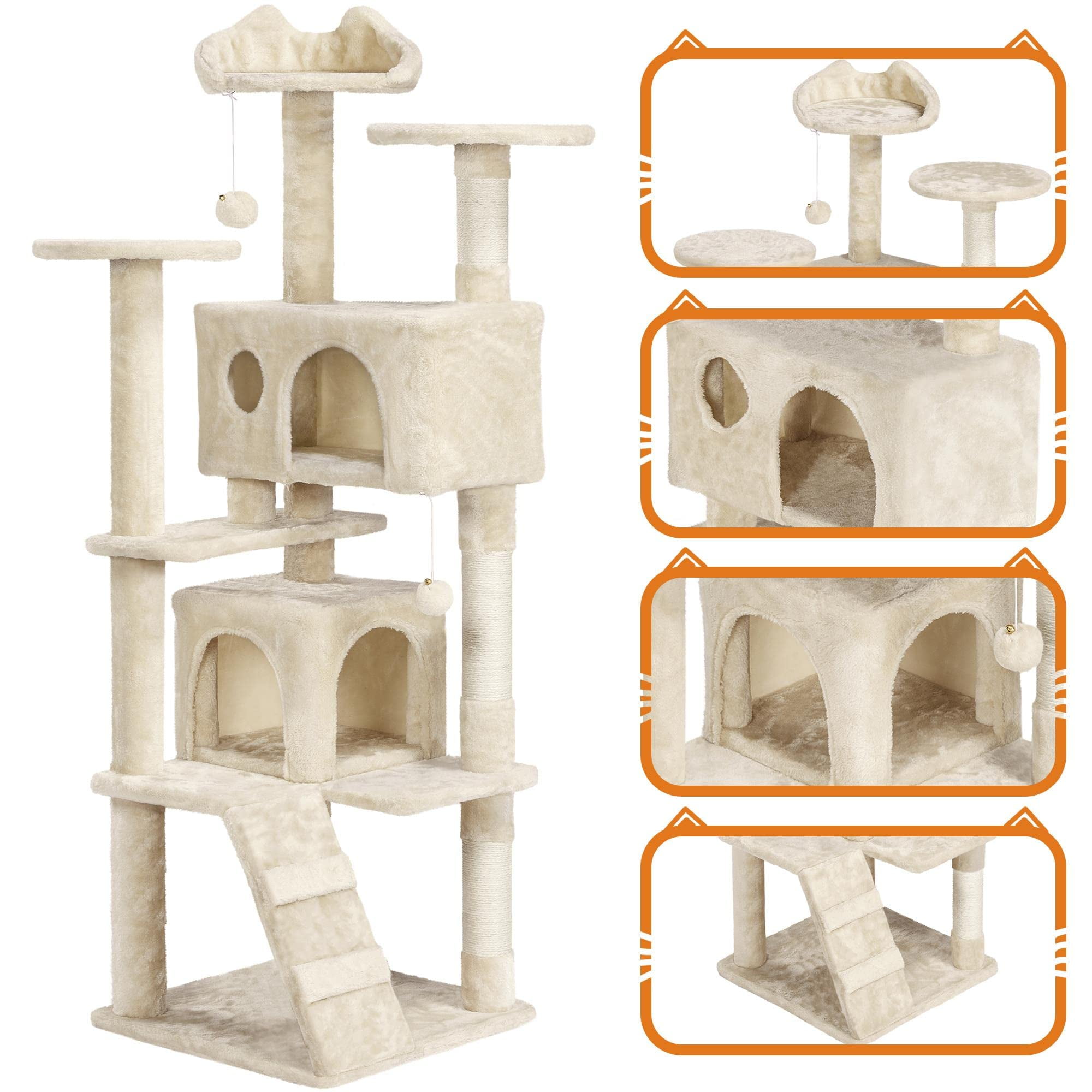 Cat Tree Tower 61in for Indoor Cats, Multi-Level Design with Scratching Posts, Perches, Platforms, Sisal Rope Scratchers, Safe Leaping Space for Kittens, Beige