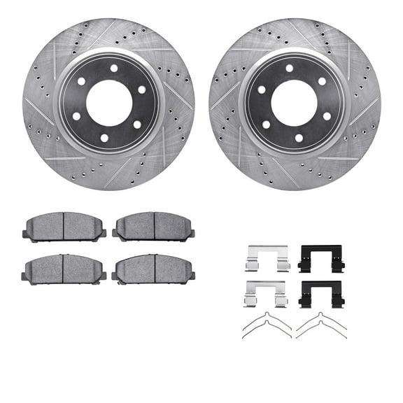 Dynamic Friction Company Front Brake Rotors-Drilled and Slotted-Silver with Ultimate Duty Performance Brake Pads includes Hardware 7412-67005