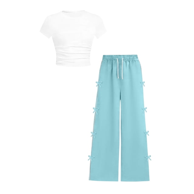 Zpanxa Girls Sets Ruched Short Length T Shirt with Bow Pocket and Long Pants Set 9-10 Years