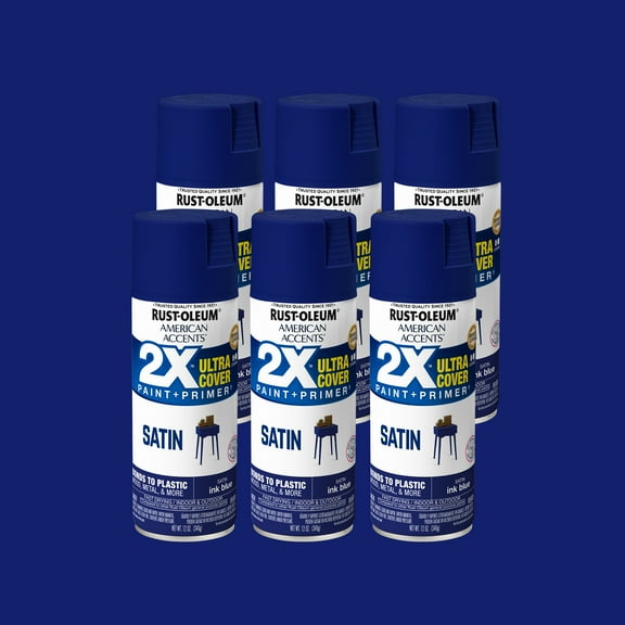 6 Pack, Ink Blue Rust-Oleum American Accents 2X Ultra Cover Satin Spray Paint-327937, 12 oz