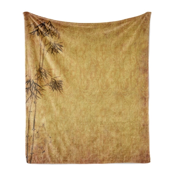 Japanese Soft Flannel Fleece Throw Blanket, Bamboo on Old Grunge Weathered Antique Paper Texture Vintage Feng Shui, Cozy Plush for Indoor and Outdoor Use, 50" x 60", Apricot Olive Green, by Ambesonne