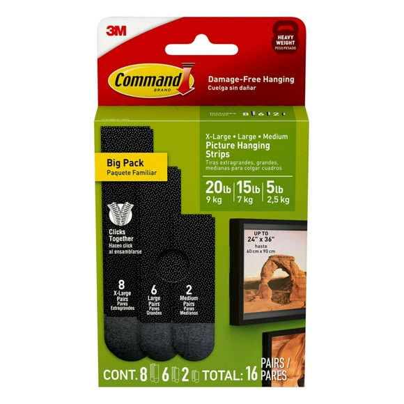 Tiras para colgar cuadros Command Black, paquete mixto de 16 pares