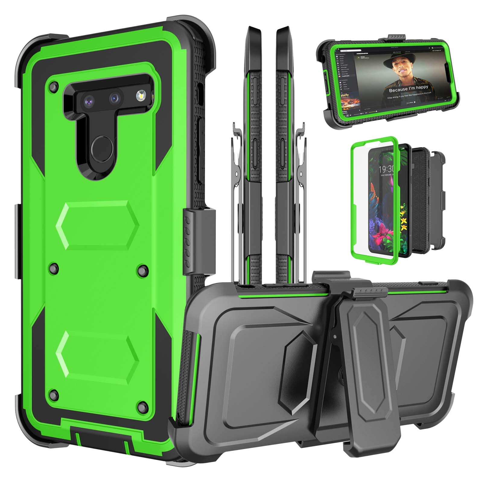 6.1" 2019 LG G8 ThinQ Case， LG G8 Case Holster Belt, LG G8 ThinQ Clip, Njjex [Built-in Screen Protector] & Kickstand + Holster Belt Clip Carrying Armor Case Cover -Green