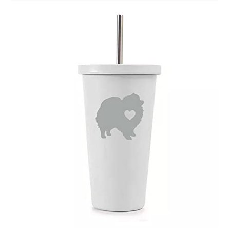 

16 oz Stainless Steel Double Wall Insulated Tumbler Pool Beach Cup Travel Mug With Straw Cute Pomeranian With Heart (White)