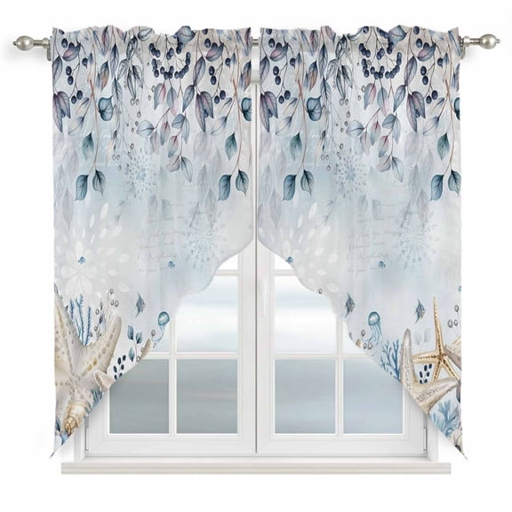 Blue Beige Coastal Swag Valances for Windows, Kitchen Curtains 36 Inch Length 2 Panels Set, Beach Starfish Summer Eucalyptus Ombre Short Curtains for Small Windows Rod Pocket Cafe Curtains 28"x36"