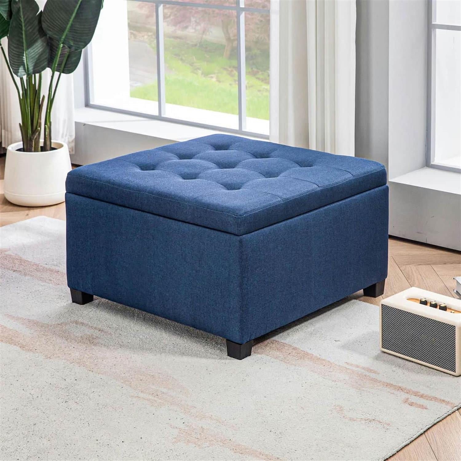 Demi Bonn 27" Bench Button Tufted Storage Ottoman, Velvet Flip Top Ottoman for Living Room, Bedroom, Entryway, Blue
