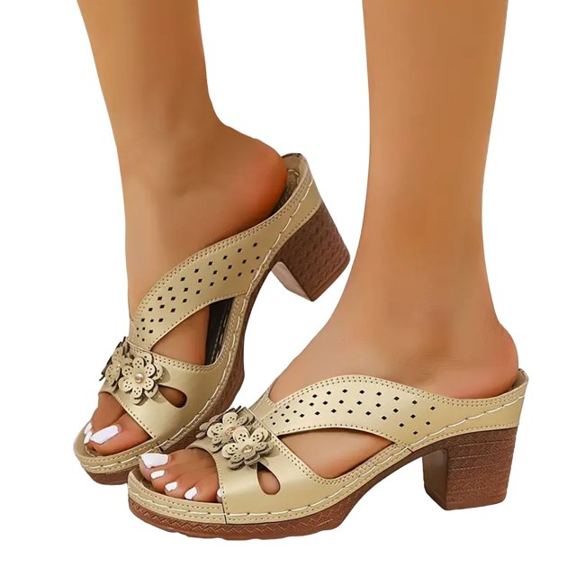 Leozcaa Chunky Heel Women Sandals Summer Dressy Arch Support Orthopedic Slip On Open Toe Heeled Flip Flops
