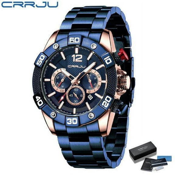 CRRJU Men Watches Quartz Chronograph Luxury Brand Big Dial Stainless Steel Clock with Luminous Pointers Relogio Masculino
